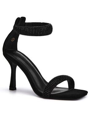 Women's Black One Strap Sandals Square Toe Stiletto Heels Casual Summer Shoes